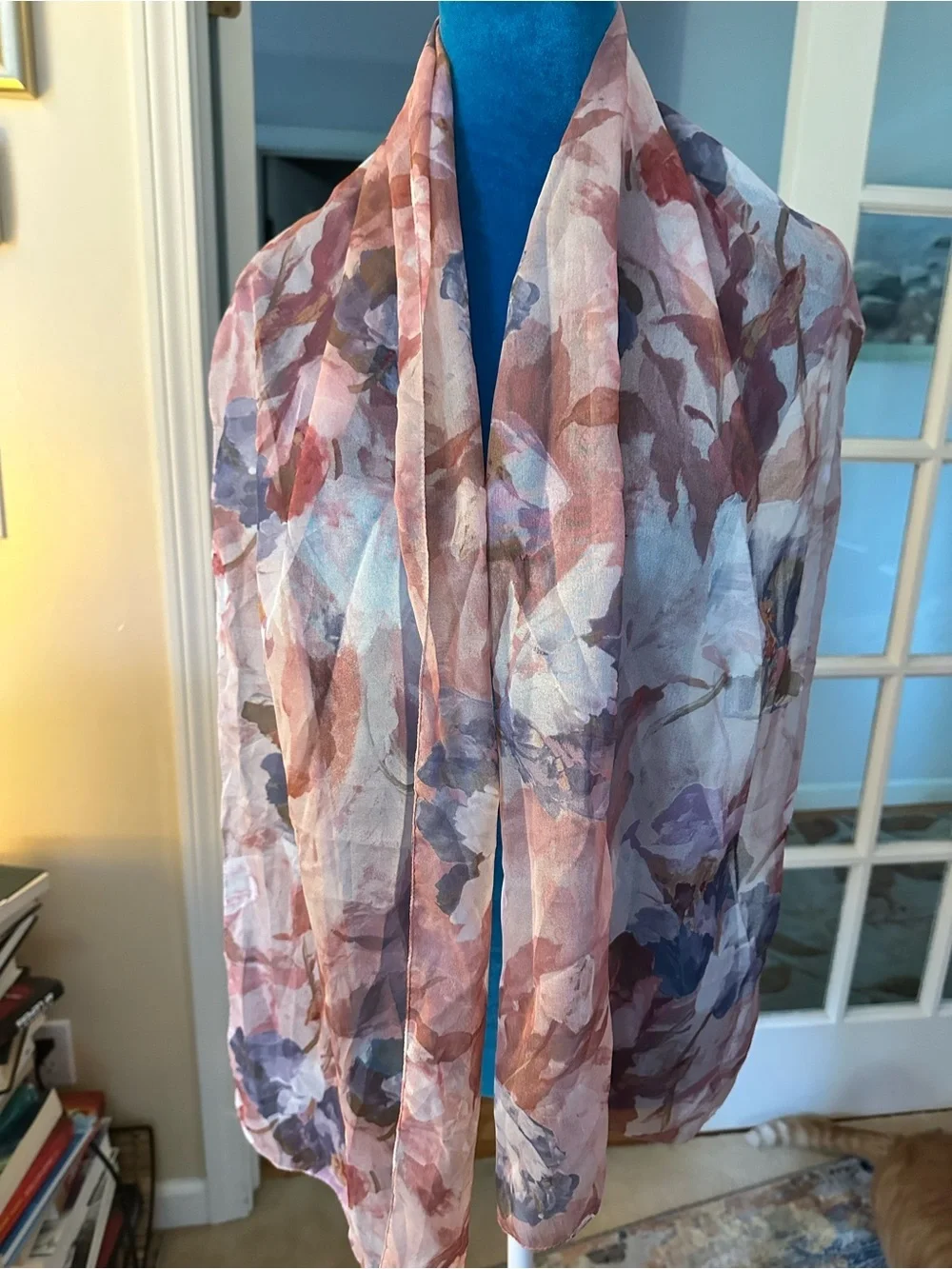 Floral Print Lightweight scarf Orange & Blue French garden look 100% silk